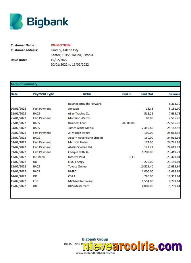 Estonia Bigbank bank statement